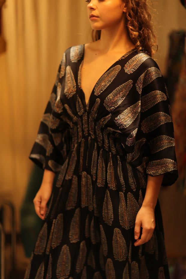 ZURI SILK DRESS BLACK FEATHER - sustainably made MOMO NEW YORK sustainable clothing, Boho Chic Dress slow fashion