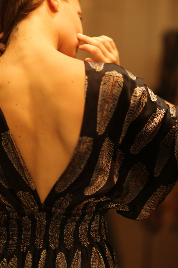 ZURI SILK DRESS BLACK FEATHER - sustainably made MOMO NEW YORK sustainable clothing, Boho Chic Dress slow fashion