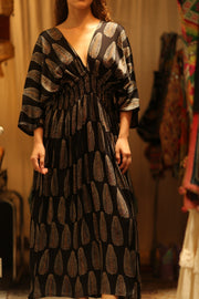 ZURI SILK DRESS BLACK FEATHER - sustainably made MOMO NEW YORK sustainable clothing, Boho Chic Dress slow fashion