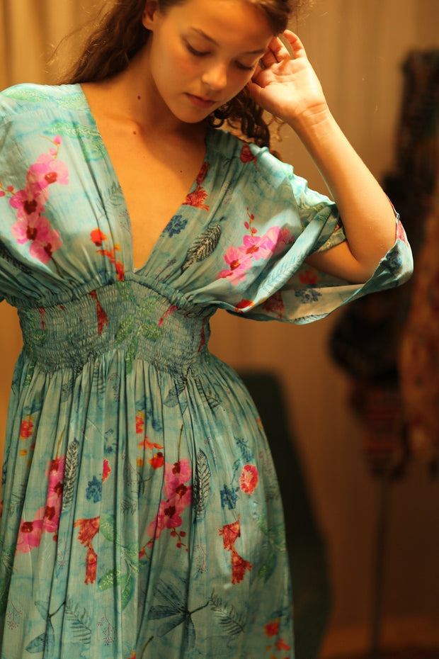 ZURI SILK DRESS LAKE BLUE - sustainably made MOMO NEW YORK sustainable clothing, Boho Chic Dress slow fashion