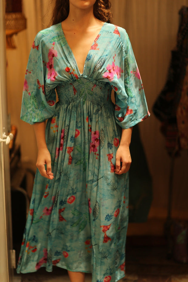 ZURI SILK DRESS LAKE BLUE - sustainably made MOMO NEW YORK sustainable clothing, Boho Chic Dress slow fashion