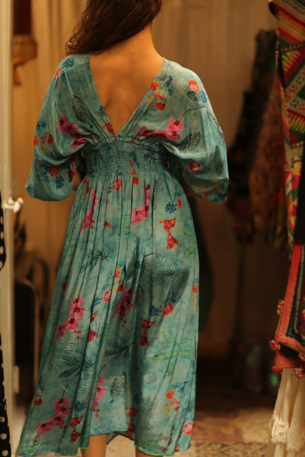 ZURI SILK DRESS LAKE BLUE - sustainably made MOMO NEW YORK sustainable clothing, Boho Chic Dress slow fashion