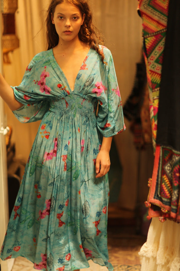 ZURI SILK DRESS LAKE BLUE - sustainably made MOMO NEW YORK sustainable clothing, Boho Chic Dress slow fashion