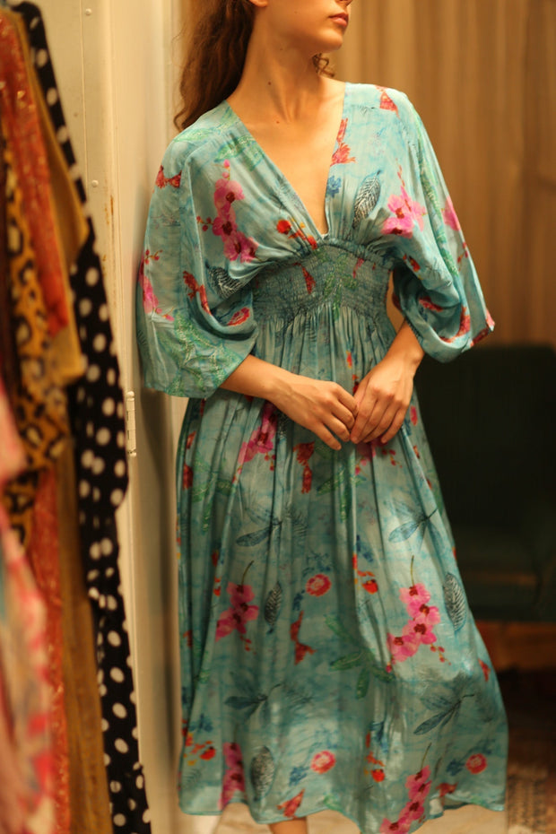 ZURI SILK DRESS LAKE BLUE - sustainably made MOMO NEW YORK sustainable clothing, Boho Chic Dress slow fashion