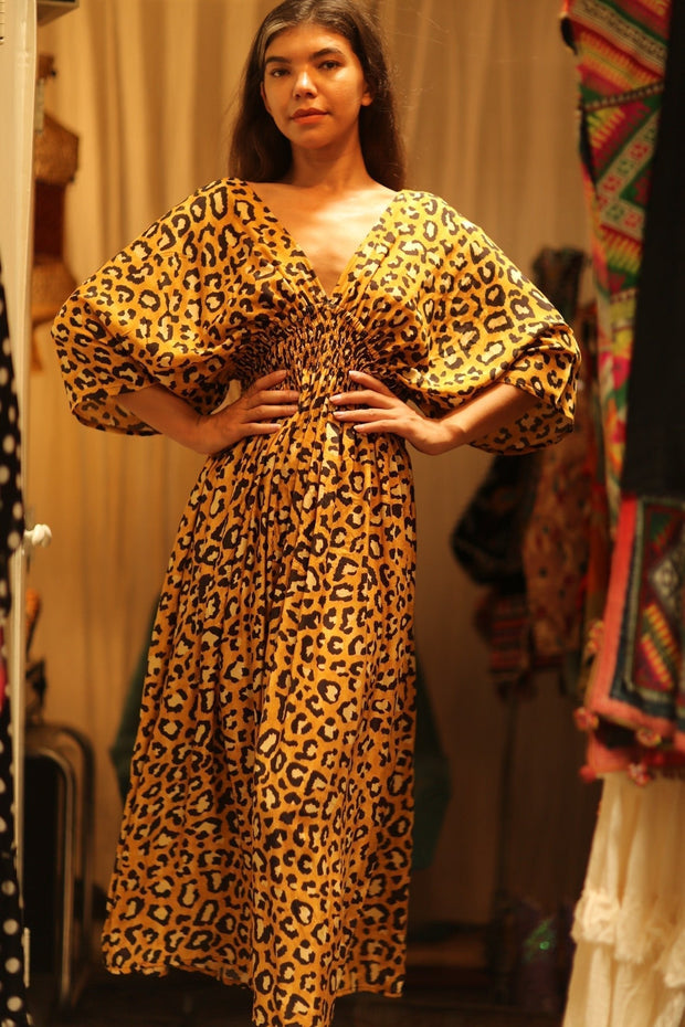 ZURI SILK DRESS LEO PRINT - sustainably made MOMO NEW YORK sustainable clothing, Boho Chic Dress slow fashion