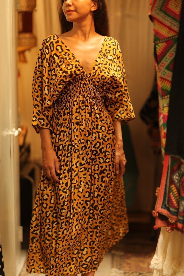 ZURI SILK DRESS LEO PRINT - sustainably made MOMO NEW YORK sustainable clothing, Boho Chic Dress slow fashion