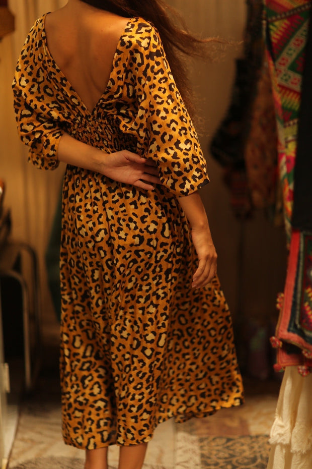 ZURI SILK DRESS LEO PRINT - sustainably made MOMO NEW YORK sustainable clothing, Boho Chic Dress slow fashion