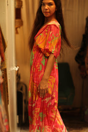 ZURI SILK DRESS PINK JUNGLE - sustainably made MOMO NEW YORK sustainable clothing, Boho Chic Dress slow fashion