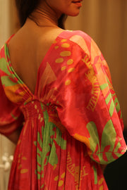 ZURI SILK DRESS PINK JUNGLE - sustainably made MOMO NEW YORK sustainable clothing, Boho Chic Dress slow fashion