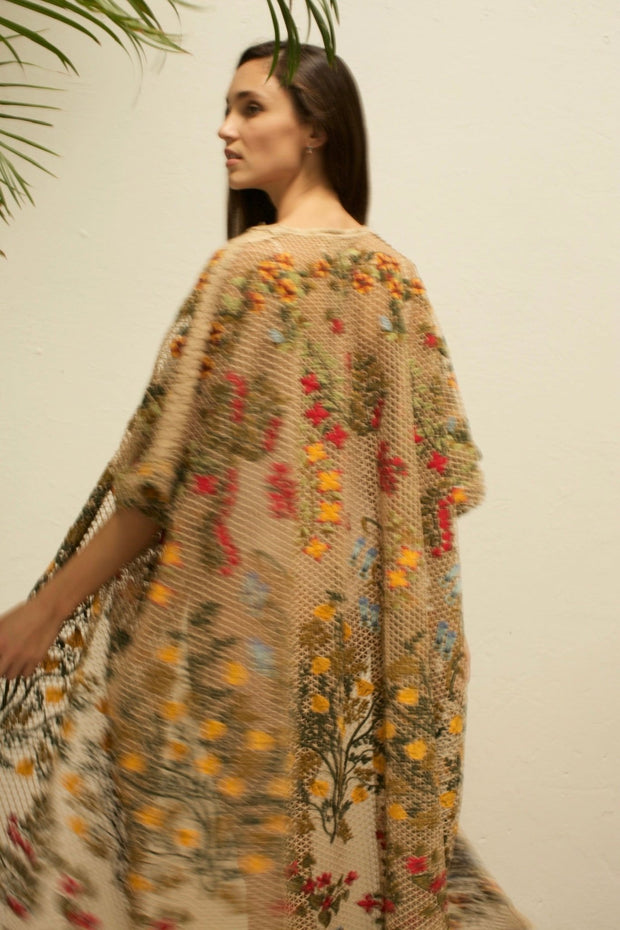 ARISTAEUS HONEY COTTON EMBROIDERED FLOWERS KIMONO - sustainably made MOMO NEW YORK sustainable clothing, Embroidered Kimono slow fashion