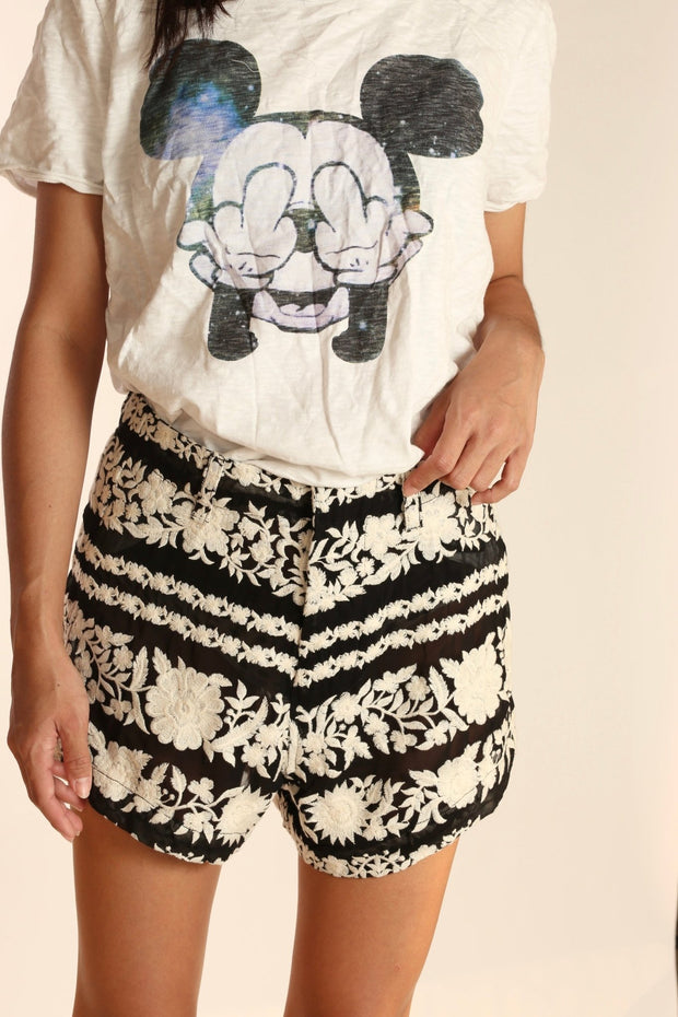 BLACK WHITE FLOWER EMBROIDERED SHORTS SHERARO - sustainably made MOMO NEW YORK sustainable clothing, skirtandshorts slow fashion
