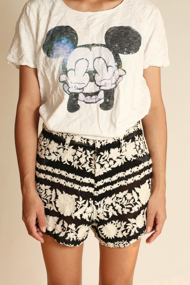 BLACK WHITE FLOWER EMBROIDERED SHORTS SHERARO - sustainably made MOMO NEW YORK sustainable clothing, skirtandshorts slow fashion