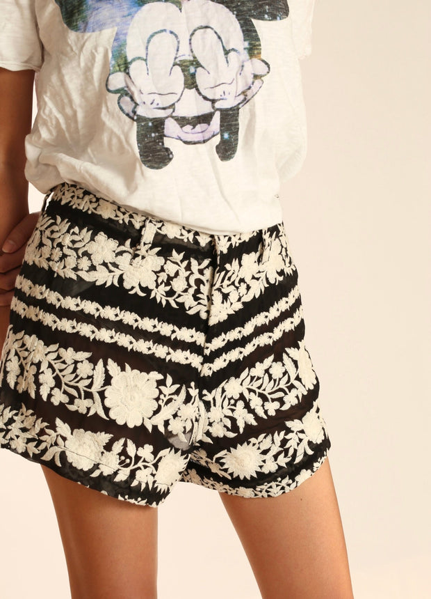 BLACK WHITE FLOWER EMBROIDERED SHORTS SHERARO - sustainably made MOMO NEW YORK sustainable clothing, skirtandshorts slow fashion