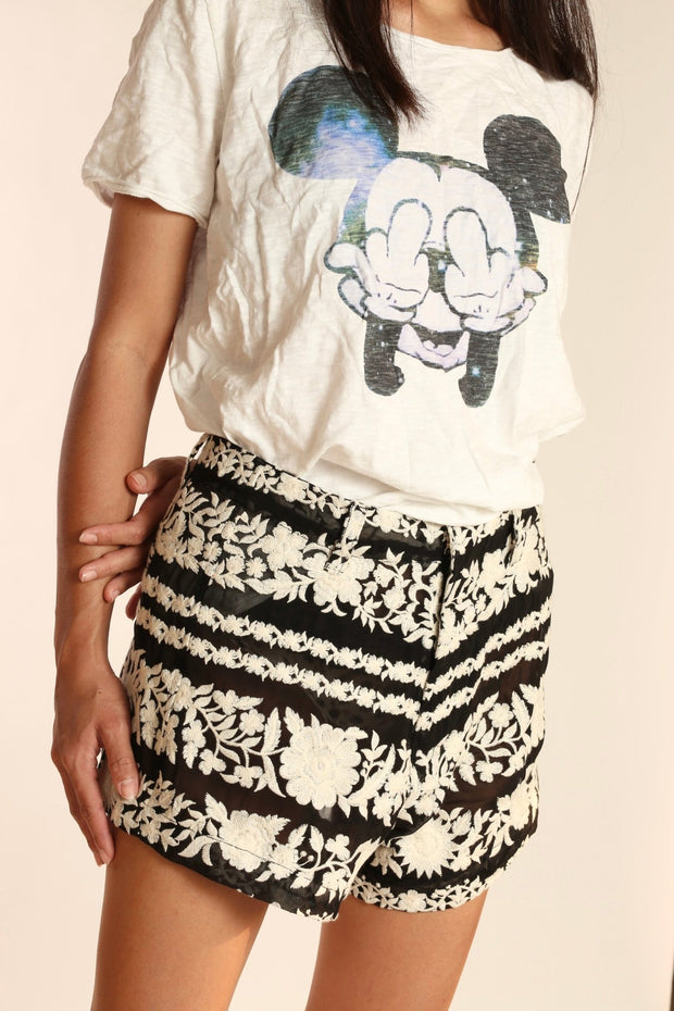 BLACK WHITE FLOWER EMBROIDERED SHORTS SHERARO - sustainably made MOMO NEW YORK sustainable clothing, skirtandshorts slow fashion