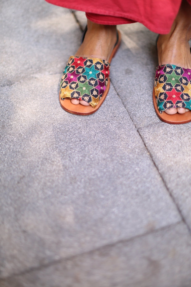 EMBROIDERED SEQUIN SILK SANDALS FRANCES - sustainably made MOMO NEW YORK sustainable clothing, mules slow fashion