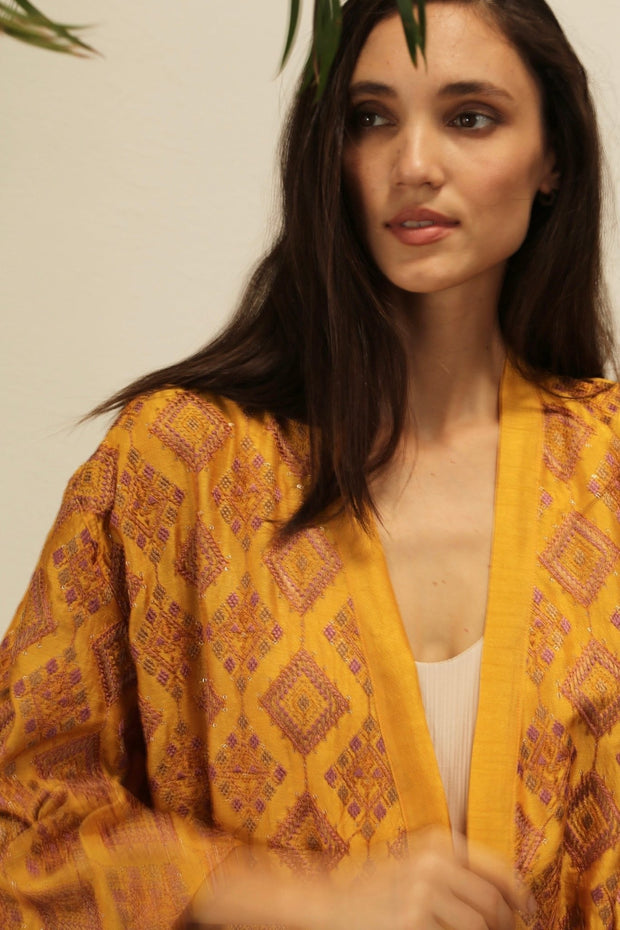 EUPHROSYNE SILK EMBROIDERED KIMONO - sustainably made MOMO NEW YORK sustainable clothing, Embroidered Kimono slow fashion