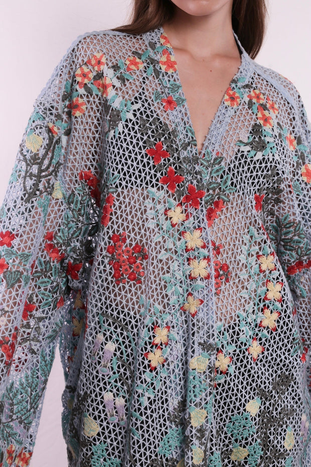 FLOWER COMB LIGHT BLUE COLOR KIMONO - sustainably made MOMO NEW YORK sustainable clothing, kimono slow fashion