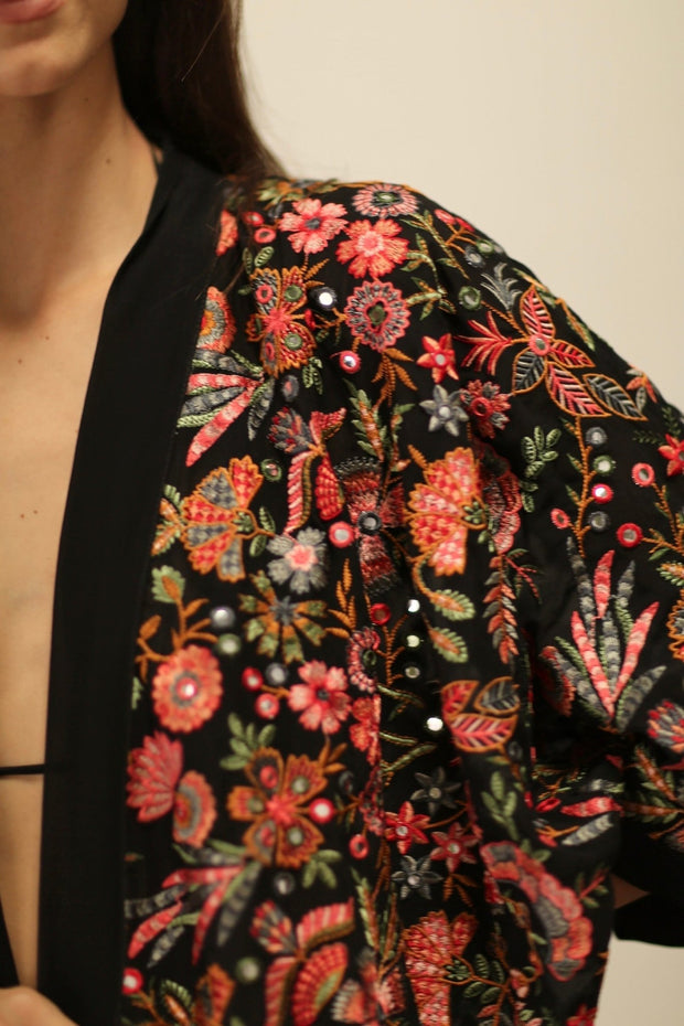GAIA SILK FLOWER EBMROIDERD KIMONO - sustainably made MOMO NEW YORK sustainable clothing, Embroidered Kimono slow fashion