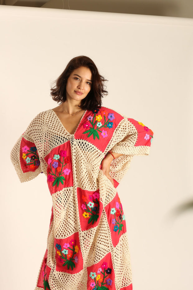 MAXI CROCHET EMBROIDERED KAFTAN IOANA - sustainably made MOMO NEW YORK sustainable clothing, Kimono slow fashion