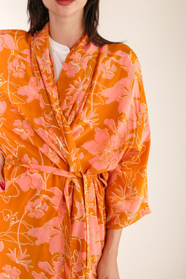 ORANGE FLOWER PRINT SILK KIMONO GOLBY - sustainably made MOMO NEW YORK sustainable clothing, Kimono slow fashion
