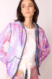 SEQUIN HOODIE DENIM JACKET - sustainably made MOMO NEW YORK sustainable clothing, preorder slow fashion