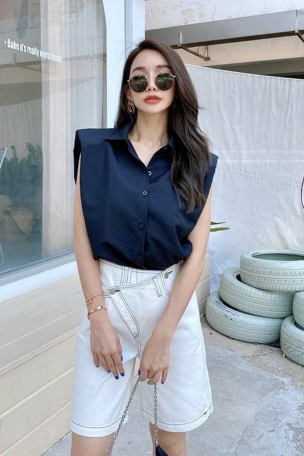 SHOULDER PAD BUTTON DOWN SHIRT STELLA - sustainably made MOMO NEW YORK sustainable clothing, slow fashion