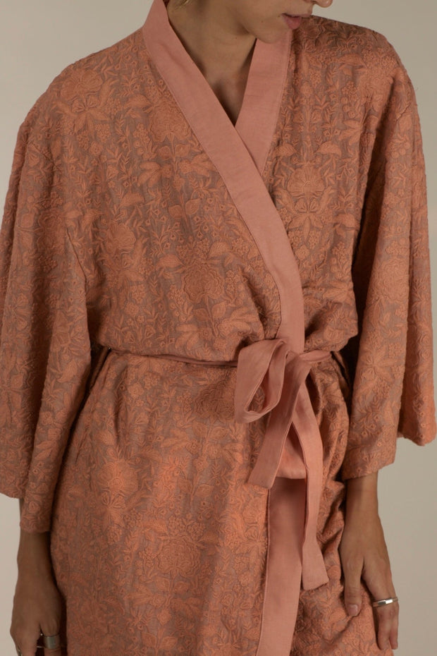 TUSSER SILK PEACH EMBROIDERED KIMONO ZOLA - sustainably made MOMO NEW YORK sustainable clothing, slow fashion